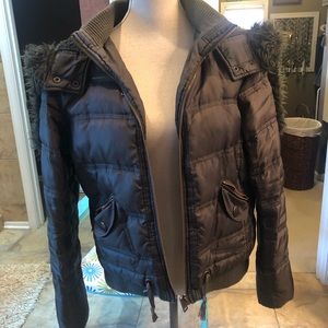 Down coat with faux fur hood